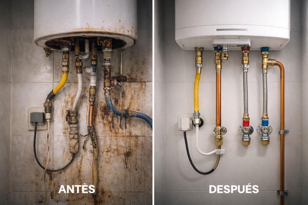Antes y después: instalación de calefón — trabajo real de Rafael Durán Castilla, plomero matriculado CABA